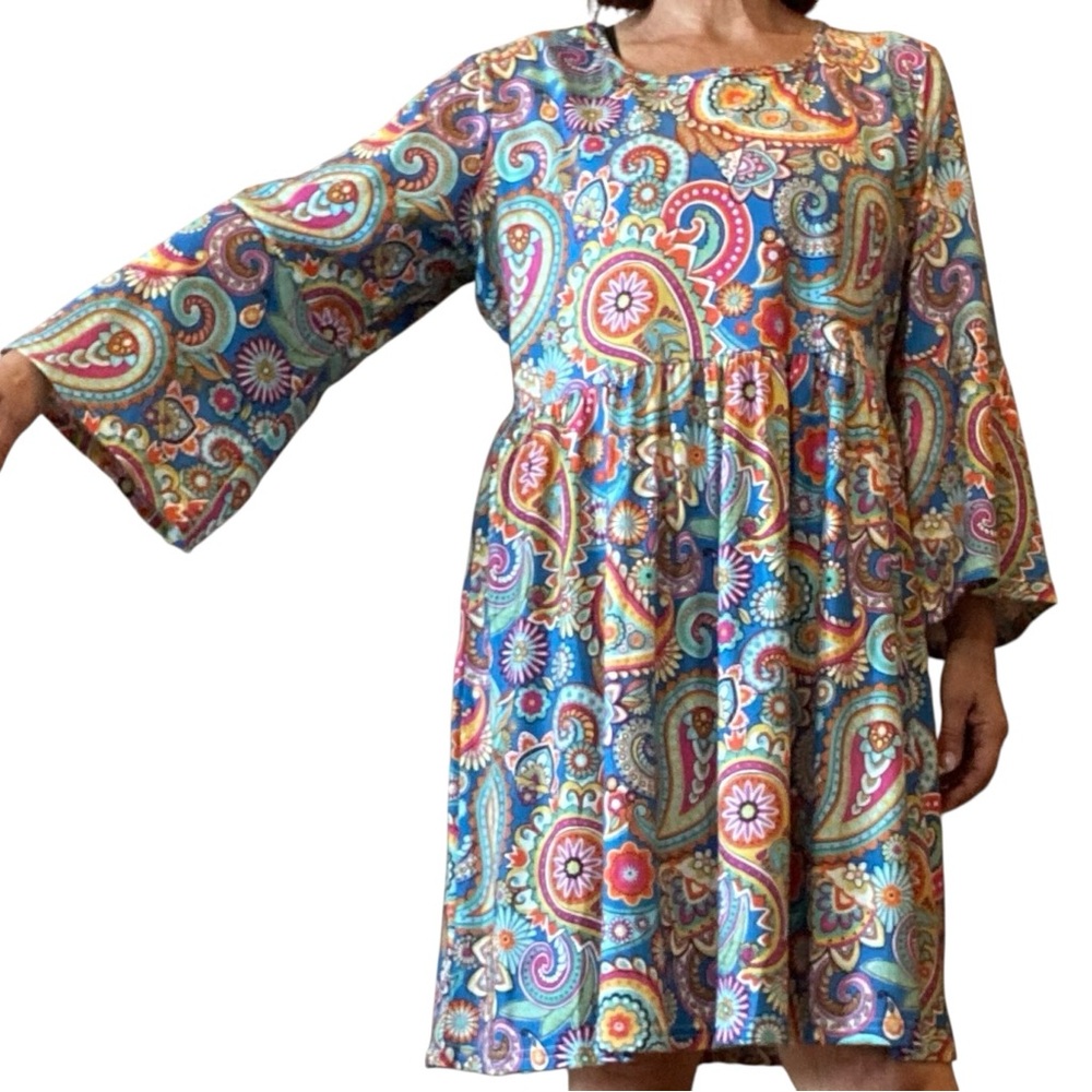 Multicolor Paisley Dress size 2XL Babydoll Boho 70s Retro EUC